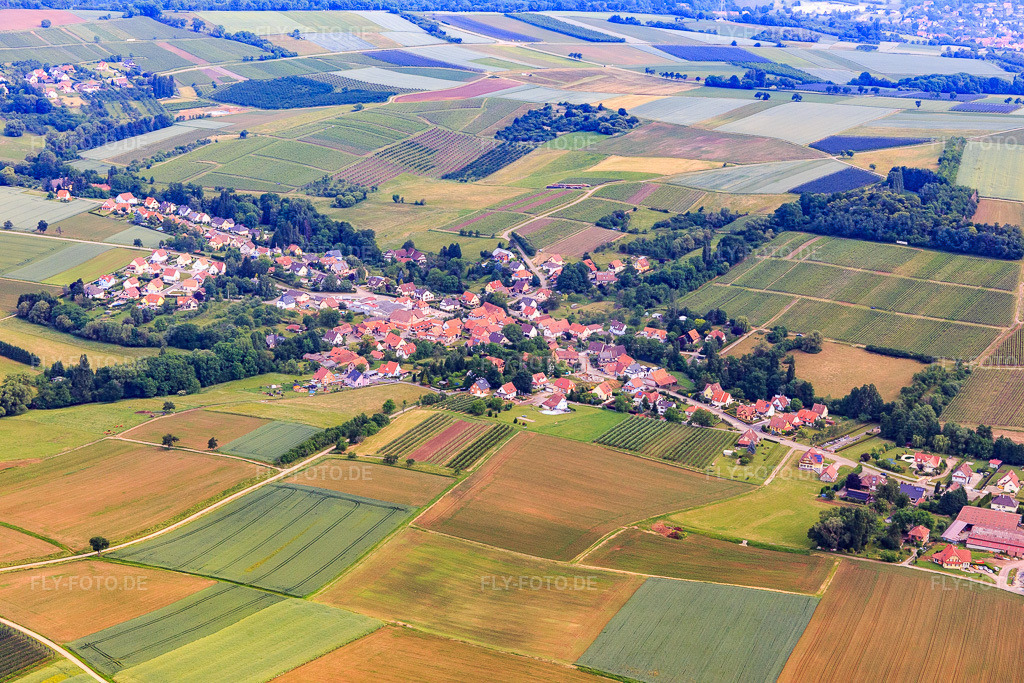 Luftbild: Ortsansicht von Süden in Oberhoffen-lès-Wissembourg im Bundesland Bas-Rhin in Frankreich. – Foto: IMG_100733.jpg vom 05.06.2017 durch Werner Riehm/FLY-FOTO.de – Auflösung des Originals: 5472 x 3648 px