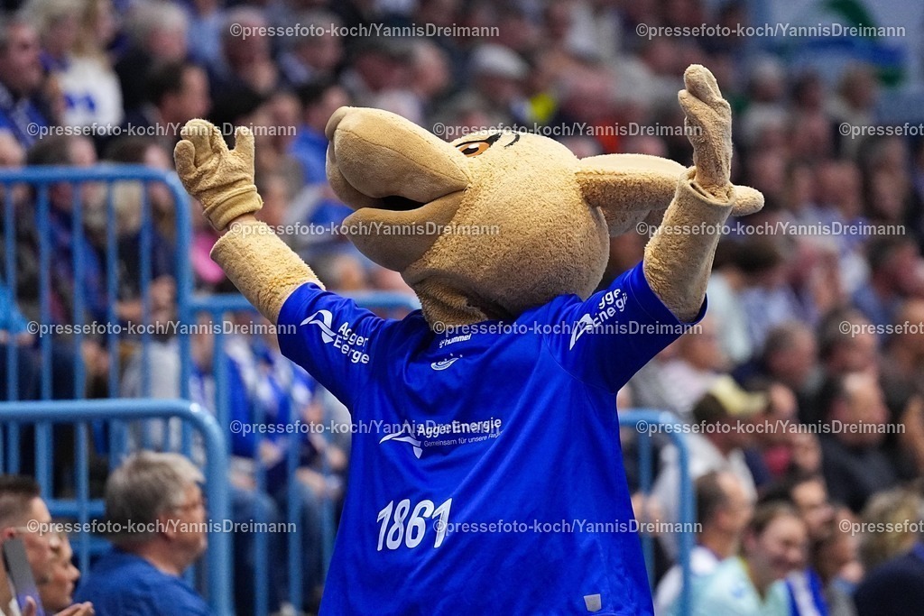 xYDR25092501101 | 25.09.2025, xydrx, Handball, 1.HBL, VFL Gummersbach - TVB Stuttgart, Schwalbe-Arena: Gummy das Maskotchen heizt den Fans ein