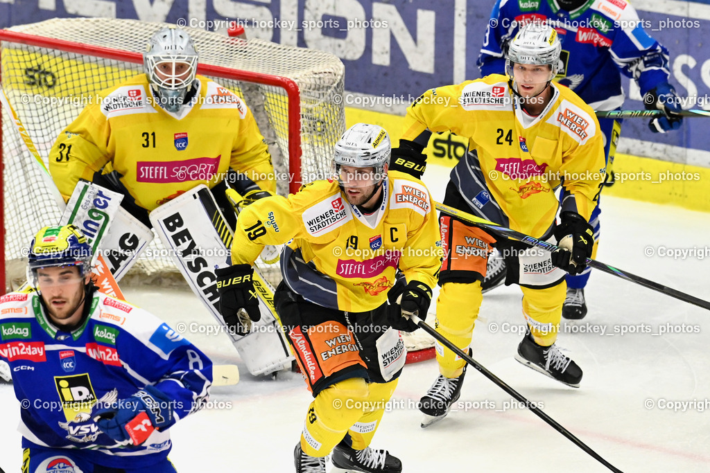 EC IDM WÄRMEPUMPEN VSV vs. Vienna Capitals | #8 Maximilian Rebernig EC VSV, #19 Linden Vey Vienna Capitals, #24 Simon Bourque Vienna Capitals, #31 Evan Cowley Vienna Capitals, EC IDM WÄRMEPUMPEN VSV vs. Vienna Capitals, EC IDM WÄRMEPUMPEN VSV vs. Vienna Capitals am 16.11.2025 in Villach (Stadthalle Villach), Austria, (Photo by Bernd Stefan)