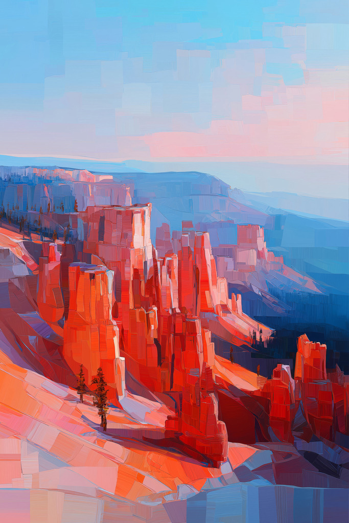 2512001 - Canyon Landschaft | Dieses eindrucksvolle Werk zeigt eine dramatische Canyon-Landschaft, stark inspiriert von den Hoodoos des Bryce Canyon National Parks. Die Komposition wird von leuchtend orange-roten Felsformationen dominiert, die in der warmen Morgensonne erstrahlen.