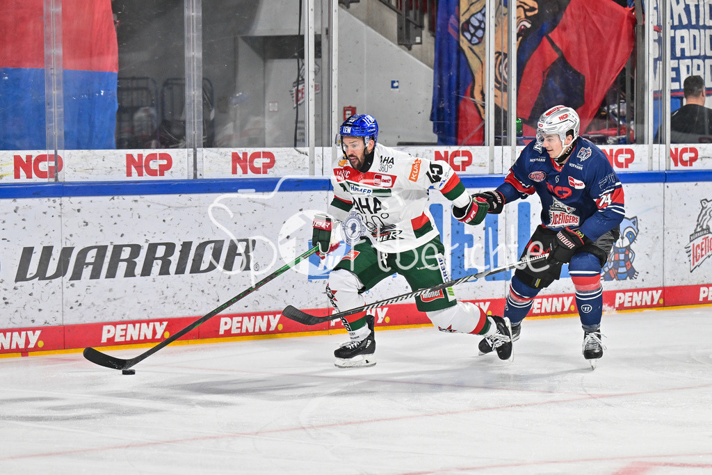 Nürnberg Ice Tigers - Augsburger Panther | im Duell Jason BAST (Augsburger Panther #45) und Cody HAISKANEN (Nürberg Ice Tigers #74) / Zweikampf / Deutsche Eishockey Liga: Nürnberg Ice Tigers - Augsburger Panther, Arena Nürnberger Versicherung am 22.09.2024