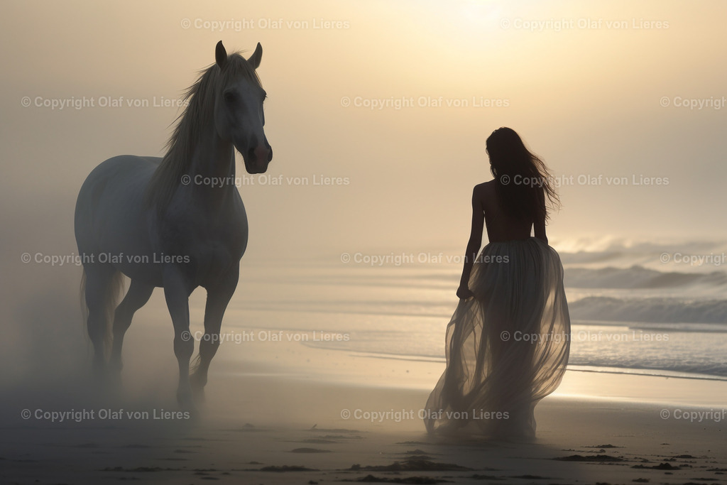 Mädchen mit Pferd am Strand | Mädchen mit wehenden Haaren am Meer mit Pferd