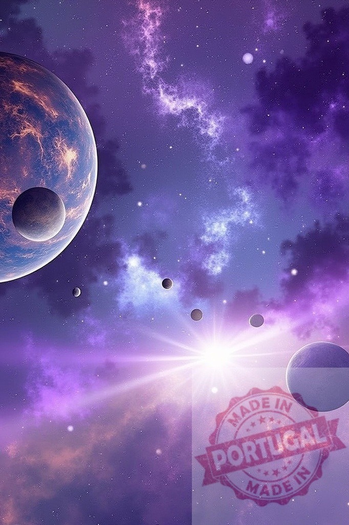 Planets and nebulae filling vibrant purple space cosmos | Celestial bodies and glowing stars creating a dynamic cosmic scene - Realized with Pictrs.com