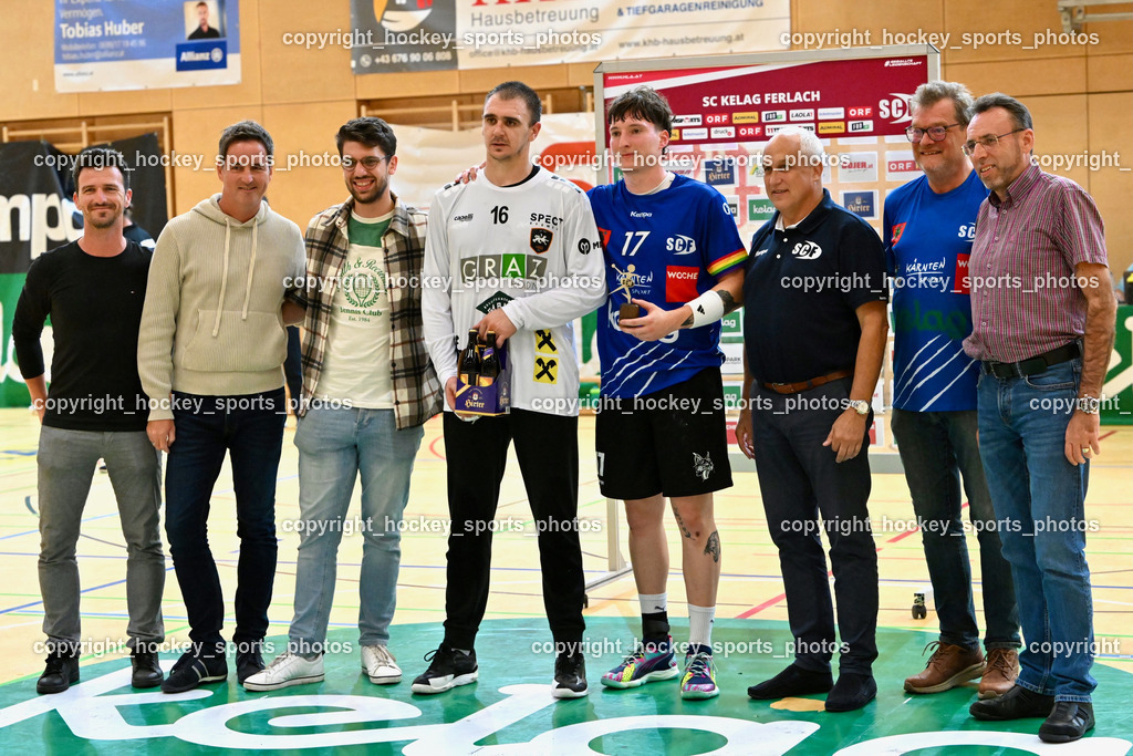 SC Ferlach vs. HSG Holding Graz 23.9.2023 | Spieler des Abends, #16 BUDOVIC Jovo Holding Graz, #17 PAVLOV Hari SC Ferlach, SC Ferlach vs. HSG Holding Graz 23.9.2023, SC Ferlach vs. HSG Holding Graz am 23.09.2023 in Bleiburg (Ballspielhalle Ferlach), Austria, (Photo by Bernd Stefan)