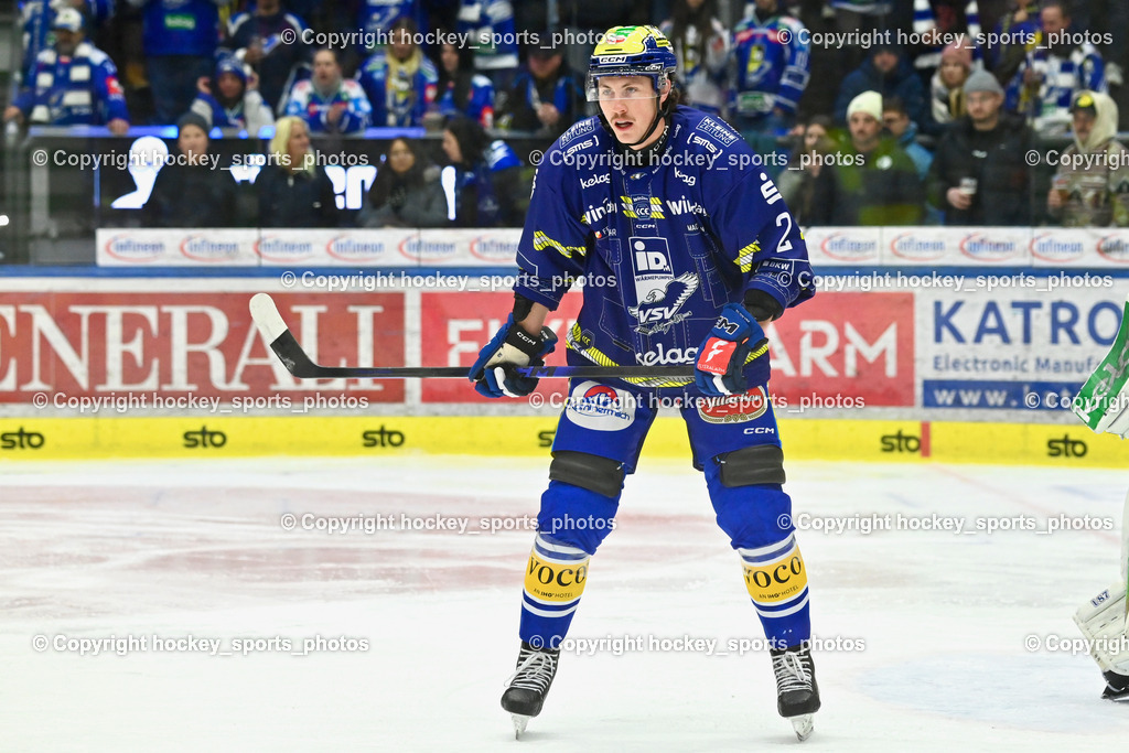 EC IDM WÄRMEPUMPEN VSV vs. Steinbach Black Wings Linz | #2 Dylan MacPherson EC VSV, EC IDM WÄRMEPUMPEN VSV vs. Steinbach Black Wings Linz, EC IDM WÄRMEPUMPEN VSV vs. Steinbach Black Wings Linz am 28.11.2025 in Villach (Stadthalle Villach), Austria, (Photo by Bernd Stefan)