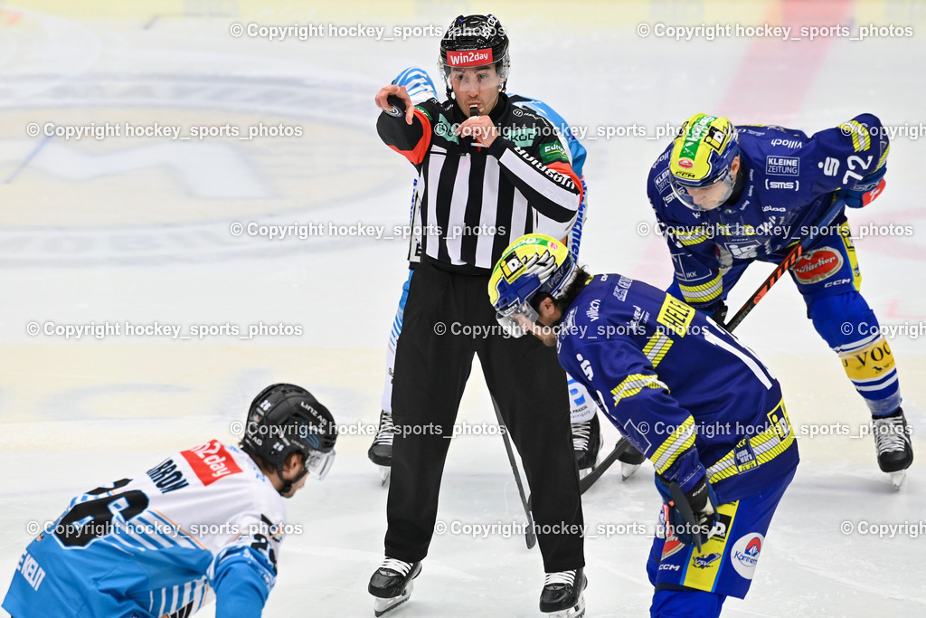 EC IDM WÄRMEPUMPEN VSV vs. Steinbach Black Wings Linz | OFNER CHRISTIAN Referee, #26 Travis Barron Black Wings Linz, #13 Adam Helewka EC VSV, #72 John Hughes EC VSV, EC IDM WÄRMEPUMPEN VSV vs. Steinbach Black Wings Linz, EC IDM WÄRMEPUMPEN VSV vs. Steinbach Black Wings Linz am 28.11.2025 in Villach (Stadthalle Villach), Austria, (Photo by Bernd Stefan)