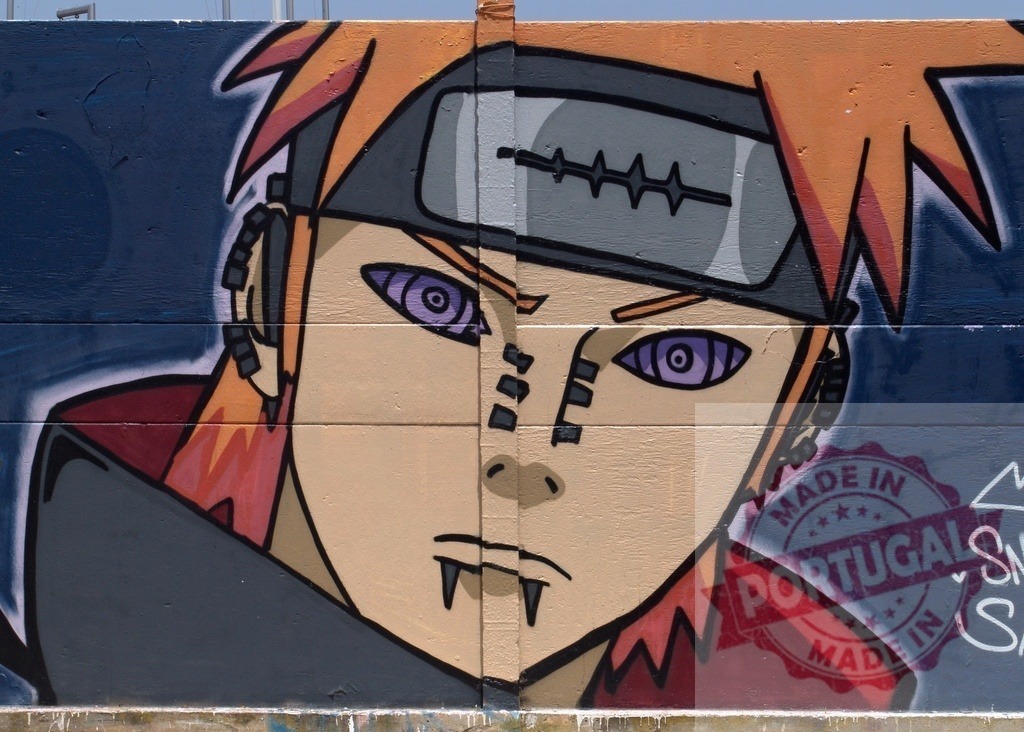 Pain from Naruto Shippuden depicted in a colorful graffiti | Close-up of a vibrant graffiti featuring Pain, a character from the popular anime series Naruto Shippuden, showcasing artistic expression - Realisiert mit Pictrs.com