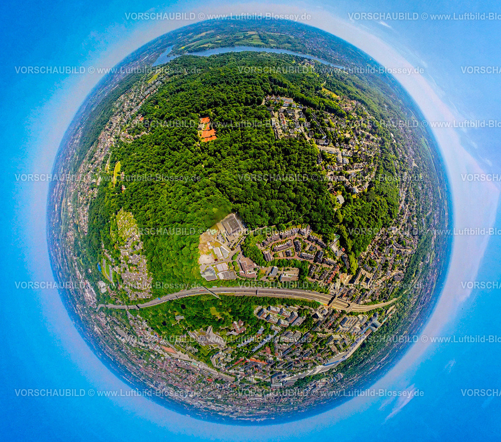 Essen250590036Stadtwald | Luftbild, Stadtwald zwischen Autobahn A52 und Baldeneysee, Naherholungsgebiet, Erdkugel, Fisheye Aufnahme, Fischaugen Aufnahme, 360 Grad Aufnahme, tiny world, little planet, fisheye Bild, Stadtwald, Essen, Ruhrgebiet, Nordrhein-Westfalen, Deutschland