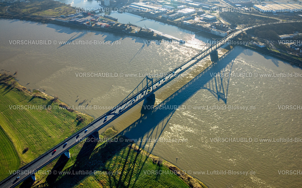 Duisburg241201838 | Luftbild, Krefeld-Uerdinger-Brücke über den Fluss Rhein, Rheinaue und Binnenschifffahrt, Mündelheim, Duisburg, Ruhrgebiet, Nordrhein-Westfalen, Deutschland