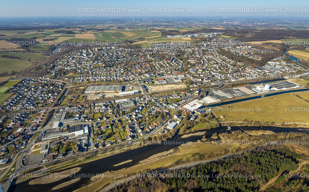 Wickede250305678 | Luftbild, Fluss Ruhr und Ortsansicht Wohngebiet Wickede, Echthausen, Wickede, Soester Börde, Nordrhein-Westfalen, Deutschland