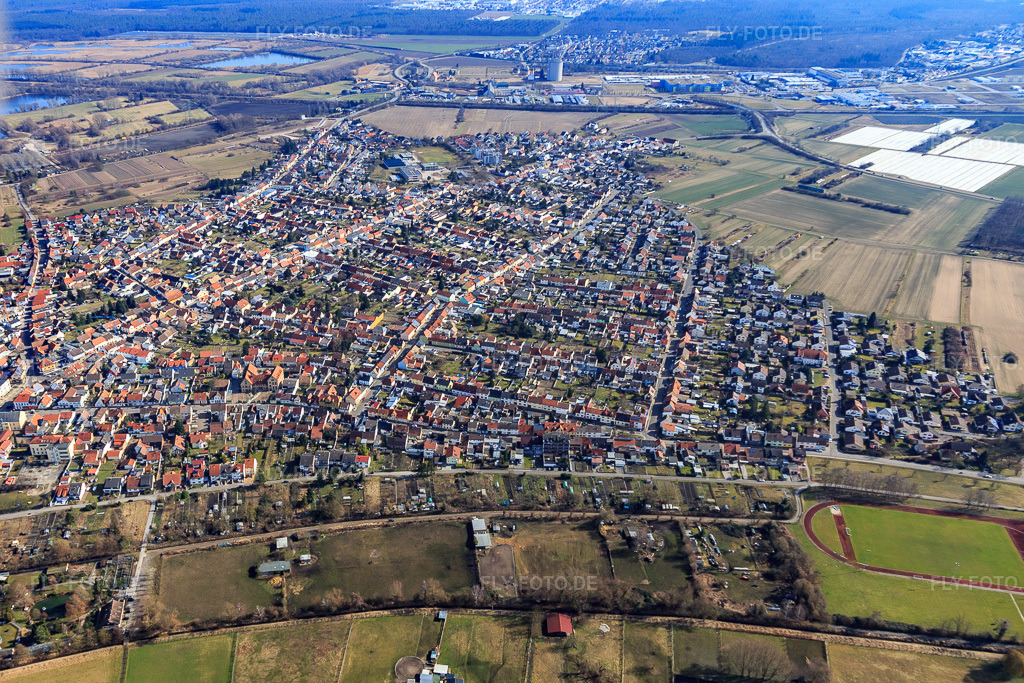 Luftbild: Ortsansicht von Westen im Ortsteil Oberhausen in Oberhausen-Rheinhausen im Bundesland Baden-Württemberg in Deutschland. Foto: IMG_097142.jpg vom 25.02.2017 durch Werner Riehm/FLY-FOTO.de