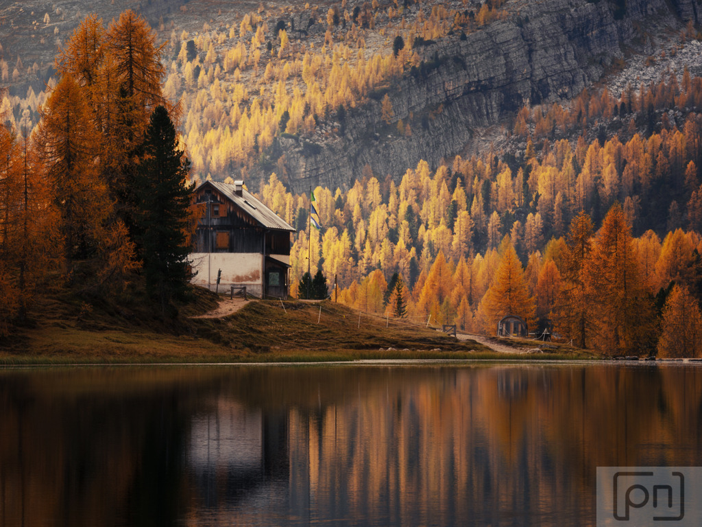 Croda d Lago Dolomieten Italien | Der Lago Federa in Italien ist im Herbst ein bezaubernder Ort, besonders wenn sich die Nadelbäume, vor allem die Lärchen, in ein lebhaftes Gelb färben. Die umliegenden Berge, die sich im klaren Wasser des Sees spiegeln, bieten eine malerische Kulisse. Die herbstlichen Farben der Bäume verstärken die Schönheit der Landschaft. Der ruhige See, umgeben von einer Mischung aus grünen Tannen und leuchtend gelben Lärchen, schafft eine reizvolle Szenerie für Fotografen. Besonders während des Sonnenaufgangs oder -untergangs wird das weiche Licht die herbstlichen Farben intensivieren und eine traumhafte Stimmung erzeugen, die perfekt für spektakuläre Aufnahmen ist.