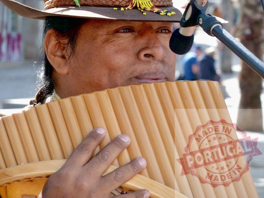 Street musician playing pan flute in urban environment | Andean musician playing pan flute in urban environment with microphone - Realized with Pictrs.com