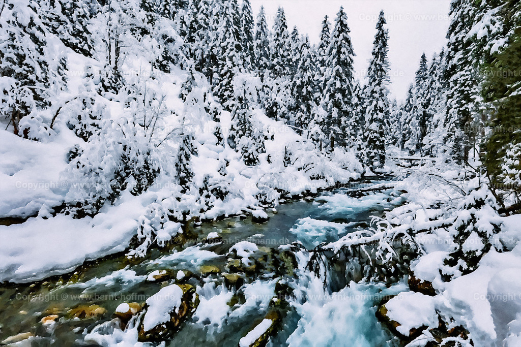 PAD2_RH_Plessur01_Tiefschnee_180x120 | DIGITALKUNST. Tiefschnee am Plessur. __ Frisch verschneite Landschaft in Arosa um den Bergbach Plessur bei Langwies.  __ Das Basisfoto für dieses malerisch verwandelte Werk hat der Schweizer Hobbyfotograf Rene Hinder gemacht und es Bernt Hoffmann für dessen Kunstpart zur Verfügung gestellt. __ Seitenverhältnis = 3 zu 2 - Realisiert mit Pictrs.com