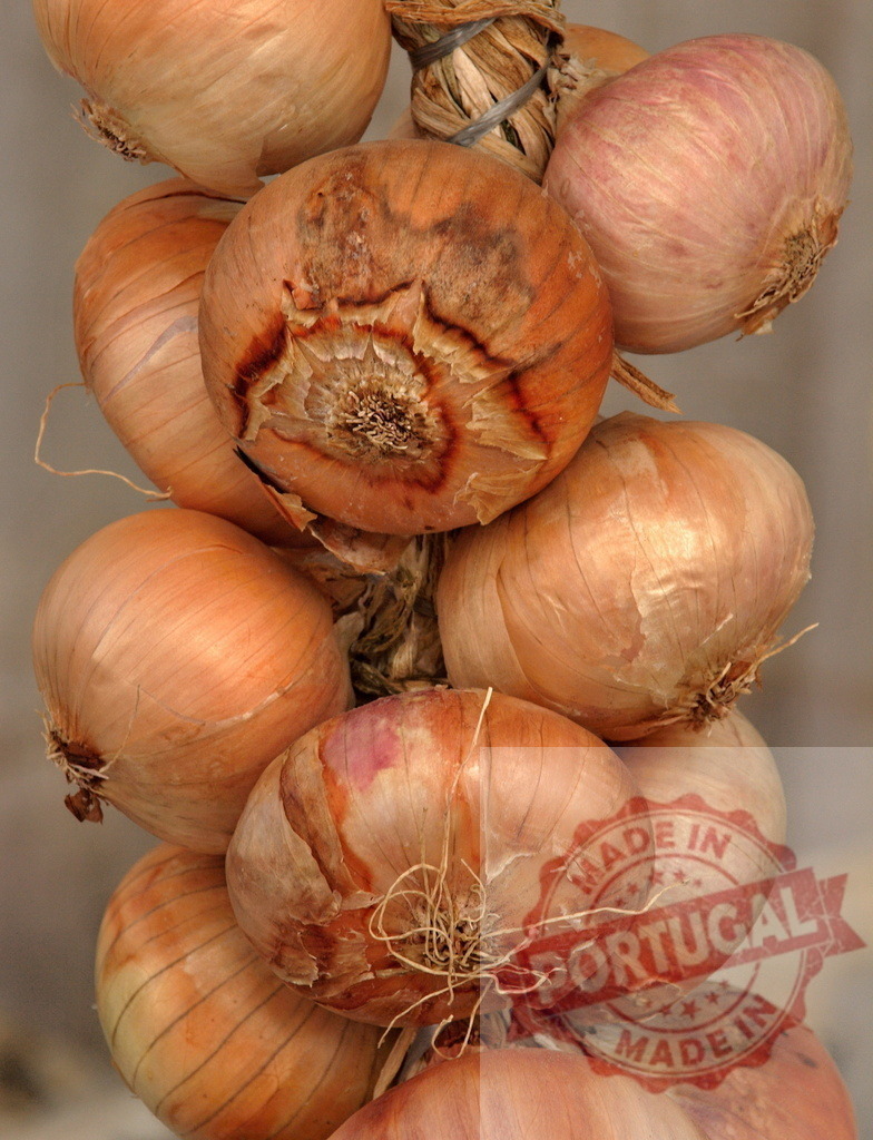 Braiding fresh organic onions for food storage | Braiding organic onions with dry skin and roots, preparing for storage and culinary use - Realized with Pictrs.com