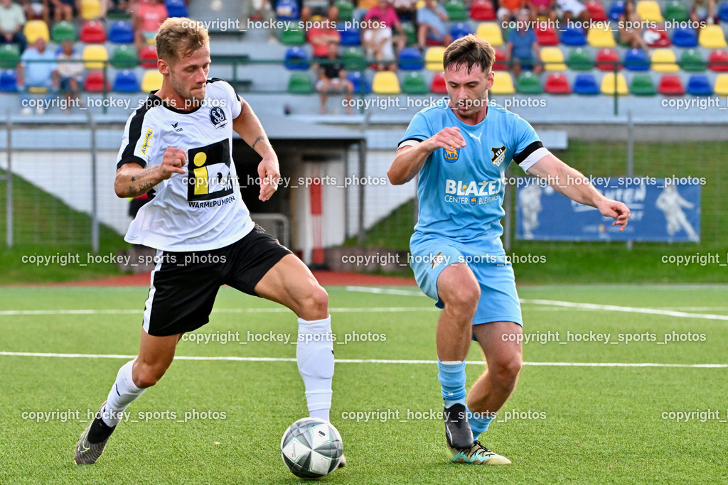 SV Spittal vs. SVG Bleiburg | #44 Miha Kostanjsek SV Spittal, #18 Alen Martinovic SVG Bleiburg, SV Spittal vs. SVG Bleiburg, SV Spittal vs. SVG Bleiburg am 14.08.2024 in Spittal an der Drau (Goldeck Stadion), Austria, (Photo by Bernd Stefan)