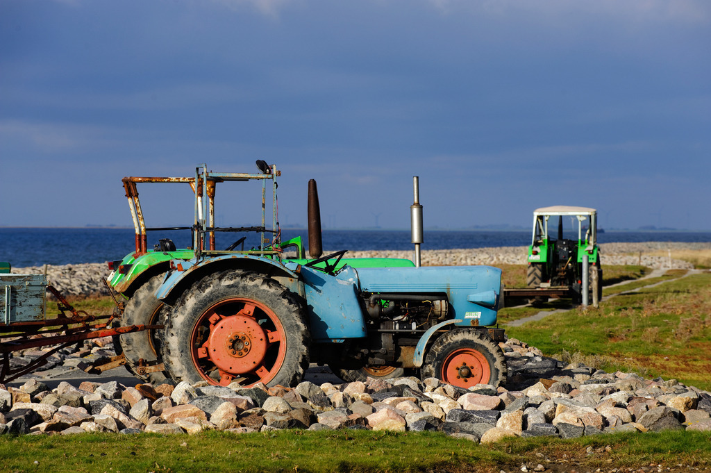Traktor mit Anhaenger | Europa, Deutschland, Schleswig-Holstein, Hallig Groede, Traktor mit Anhaenger auf Hallig Groede - Realisiert mit Pictrs.com