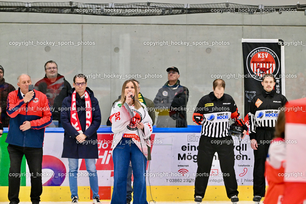 KSV KÄNGURUS vs. EHC Lustenau | KSV Präsident Franz Gärtner, Bürgermeister Kapfenberg Matthäus Bachernegg , Bundeshymne Jenny Zirngast, KSV KÄNGURUS vs. EHC Lustenau, KSV KÄNGURUS vs. EHC Lustenau am 14.03.2026 in Kapfenberg (Sportzentrum Kapfenberg), Austria, (Photo by Bernd Stefan)