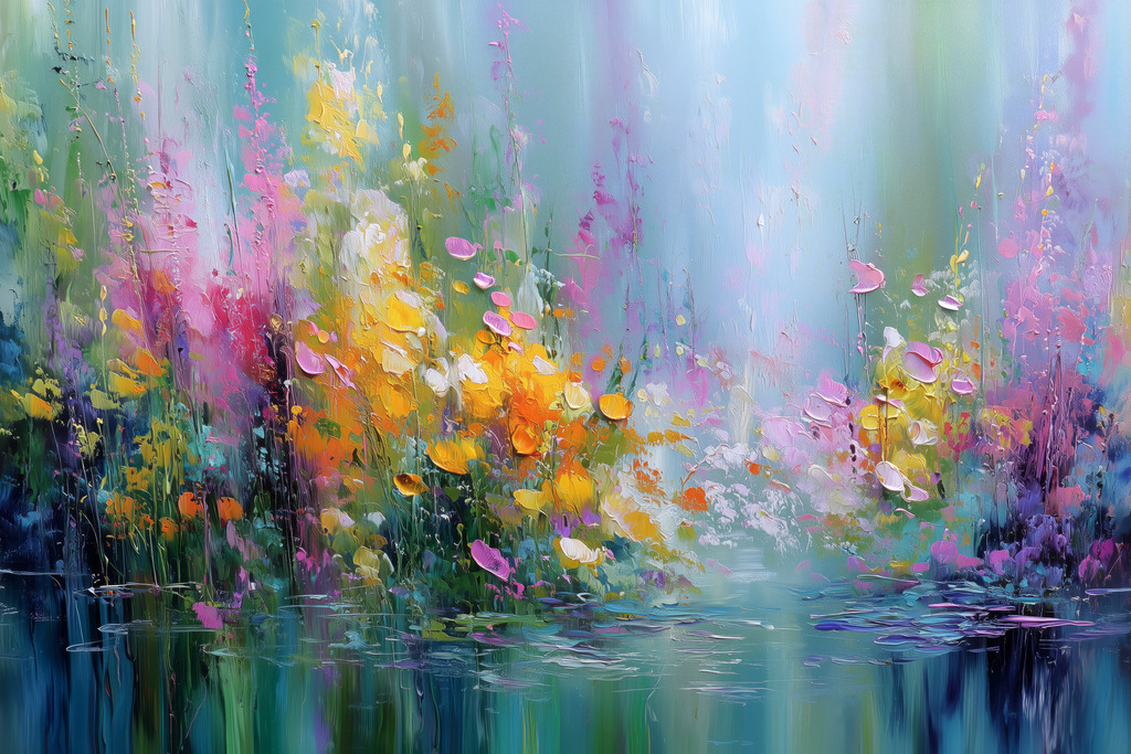 2508025 - Blumenmeer am Teich | Bestelle dieses Blumengemälde als hochwertigen Kunstdruck, z.B. auf Leinwand oder hinter Acrylglas in vielen Formaten mit versandkostenfreier Lieferung innerhalb Deutschlands.