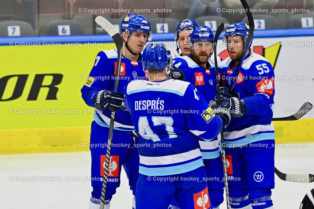 EC IDM Wärmepumpen VSV vs. Comarch Cracovia 11.9.2022 | Jubel EC VSV Mannschaft, #47 Simon Després, #17 Arturs Kulda, #55 Robert Sabolié, #84 Andrew Desjardins