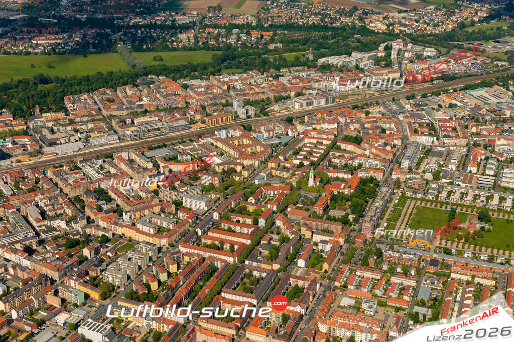 Das Luftbild zeigt : Südliche Südstadt Fürth - Die Luftaufnahme wurde 2024 vom UL-Flugzeug aus erstellt ( keine Drohne ) - Hochauflösende Luftaufnahme - Für grossformatige Ausdrucke geeignet. Die Geschenkidee !Mit Lizenz und Bildrechte bestellbar