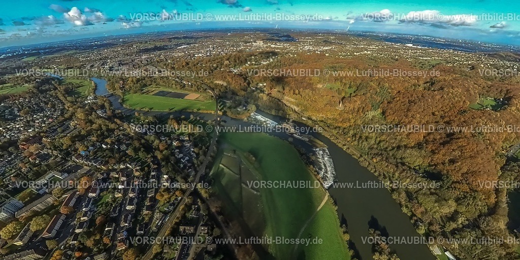 Witten231190036RuhrtalHohenstein-topaz | Luftbild, Naherholungsgebiet Hohenstein, Laufwasserkraftwerk Hohenstein am Fluss Ruhr mit Wassergewinnungsanlage Apfelweide, das Bergerdenkmal im herbstlichen Wald mit Laubbäumen in leuchtenden Herbstfarben, Ruhr-Viadukt-Witten Eisenbahnlinie und Blick nach Witten mit Fernsicht und blauem Himmel, Erdkugel, Fisheye Aufnahme, Fischaugen Aufnahme, 360 Grad Aufnahme, tiny world, little planet, fisheye Bild, , Witten, Ruhrgebiet, Nordrhein-Westfalen, Deutschland