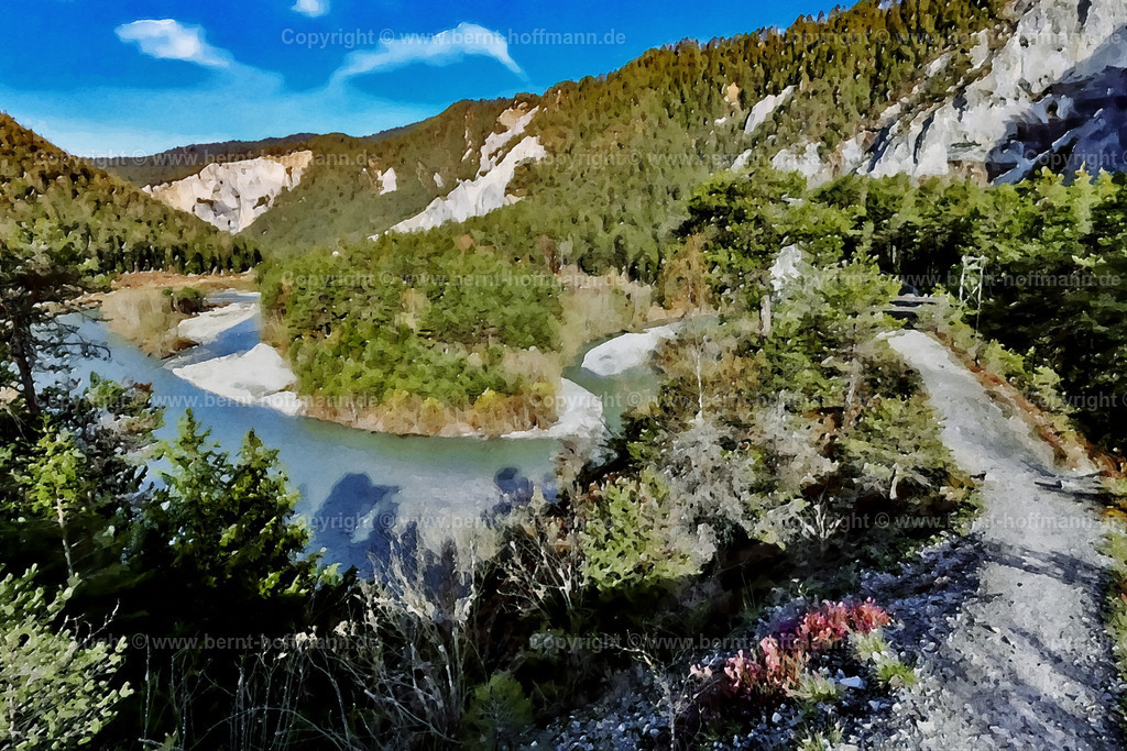 PAD2_RH_0N0A0495_Rheintal_120x80 | DIGITALKUNST. Ruinaulta bei Valendas. __ Ruinaulta ist der rätoromanische Name für die Rheinschlucht im Kanton Graubünden. __ Das Basisfoto für dieses malerisch verwandelte Werk hat der Schweizer Hobbyfotograf Rene Hinder gemacht und es Bernt Hoffmann für dessen Kunstpart zur Verfügung gestellt. __ Seitenverhältnis = 3 zu 2 - Realisiert mit Pictrs.com