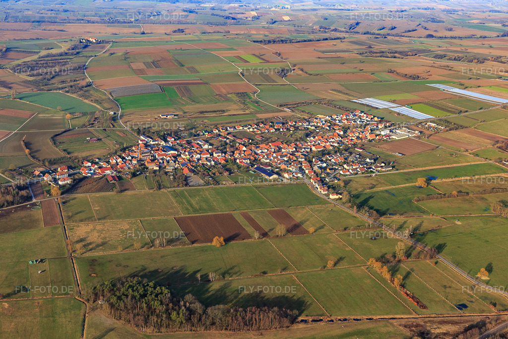 Luftbild: Dorfansicht aus Süden in Schweighofen im Bundesland Rheinland-Pfalz in Deutschland. Foto: IMG_112585.jpg vom 05.02.2019 durch Werner Riehm/FLY-FOTO.de