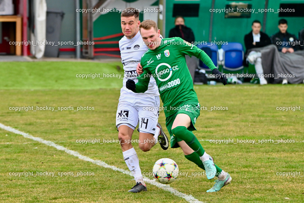 ASK Klagenfurt vs. SPG Wels Hertha 9.3.2024 | #14 Anej Kmetic ASK Klagenfurt, #28 Marco Kadlec WSC Hertha, ASK Klagenfurt vs. SPG Wels Hertha 9.3.2024, ASK Klagenfurt vs. SPG Wels Hertha am 09.03.2024 in Steindorf (Ossiachersee Halle), Austria, (Photo by Bernd Stefan)