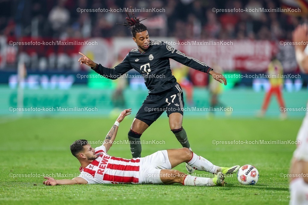 1FC14012601046 | 14.01.2026, Fußball, 1. FC Köln - FC Bayern München, 1. Fußball Bundesliga, 17. Spieltag, RheinEnergie-STADION, Saison 2025 2026: Tom Krauß (1FC Koeln #05) im Zweikampf gegen  Michael Olise (FC Bayern Muenchen #17)  DFB regulations prohibit any use of photographs as image sequences and or quasi-video.
