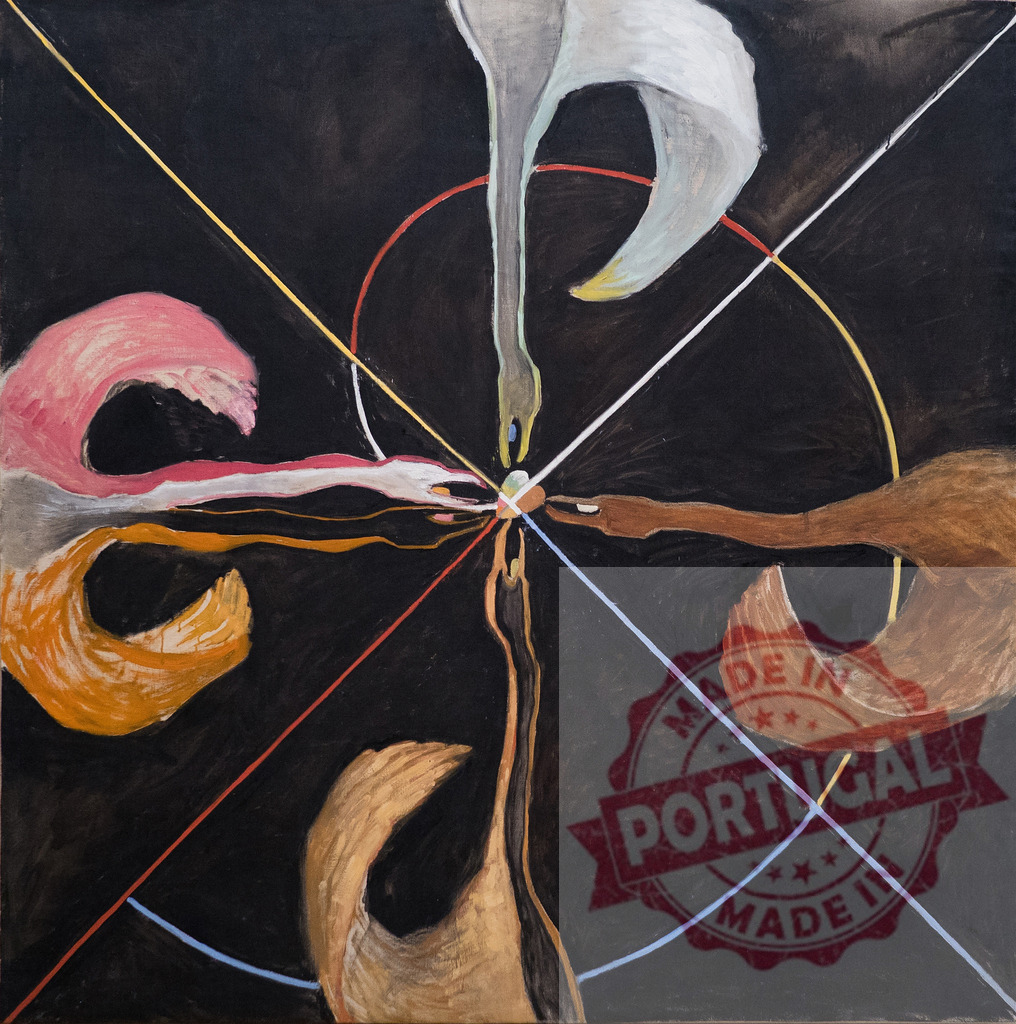 Hilma af Klint swan pairing abstraction with symbolism. Hilma af Klimt | Abstract painting showing symbolic swans reaching towards a central sphere with connecting lines - Realisiert mit Pictrs.com