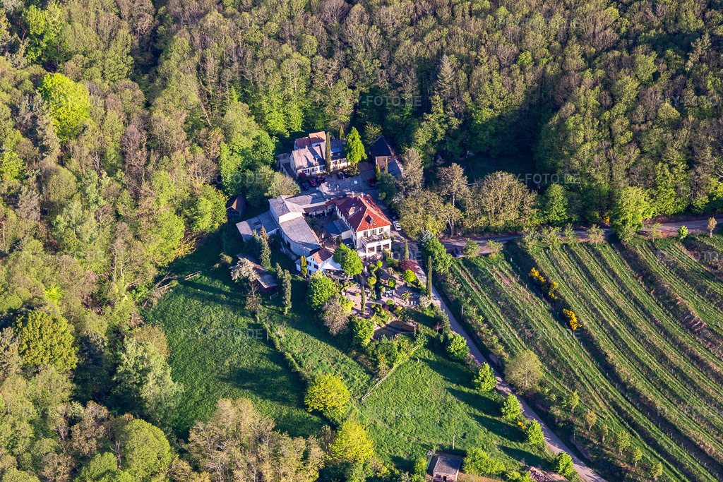 Luftbild: Gästehaus Sankt Annagut in Burrweiler im Bundesland Rheinland-Pfalz in Deutschland. Foto: IMG_131252.jpg vom 07.05.2022 durch Werner Riehm/FLY-FOTO.deauf dem Weingut Sankt Annaberg