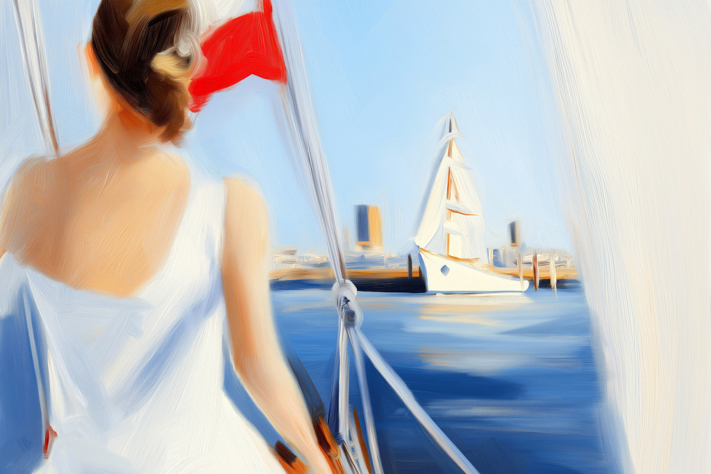 2408003 - Segelausflug | Eine Frau auf einem Segelboot mit maritimen Farben. Bestellen Sie dieses Wandbild im Stil eines Gemäldes als hochwertigen Kunstdruck in verschiedenen Ausführungen und Größen.