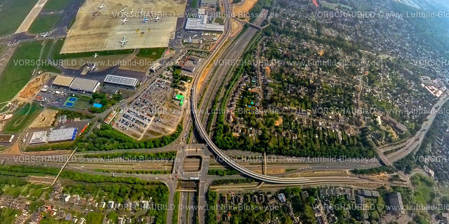 Duesseldorf240590049B8-UeberfliegerA44_LohausenFlughafenDuesseldorf | Luftbild, Internationaler Flughafen Düsseldorf, DUS Airport, Überflieger Brücke Flughafenstraße über die Autobahn A44, Straßenkreuz Danziger Straße und Autobahn A44, Erdkugel, Fisheye Aufnahme, Fischaugen Aufnahme, 360 Grad Aufnahme, tiny world, little planet, fisheye Bild, Lohausen, Düsseldorf, Nordrhein-Westfalen, Deutschland