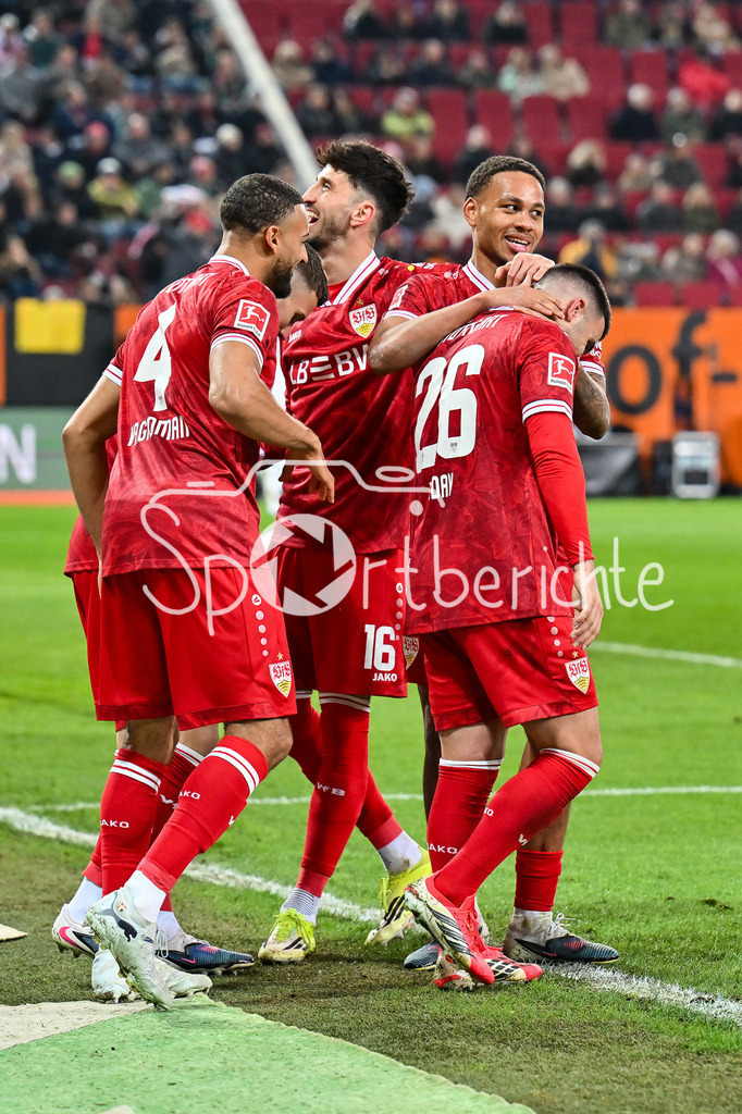 FC Augsburg - VfB Stuttgart | AUGSBURG, GERMANY - 22. MAERZ: Jubel der Gäste nach dem Treffer zum 2-5 durch Ermedin DEMIROVIC (VfB Stuttgart 9) / Tor / Torschuetze / Freude / Happy während dem Bundesligamatch zwischen dem FC Augsburg und dem VfB Stuttgart am 27. Spieltag in der WWK Arena / DFL REGULATIONS PROHIBIT ANY USE OF PHOTOGRAPHS AS IMAGE SEQUENCES AND/OR QUASI-VIDEO