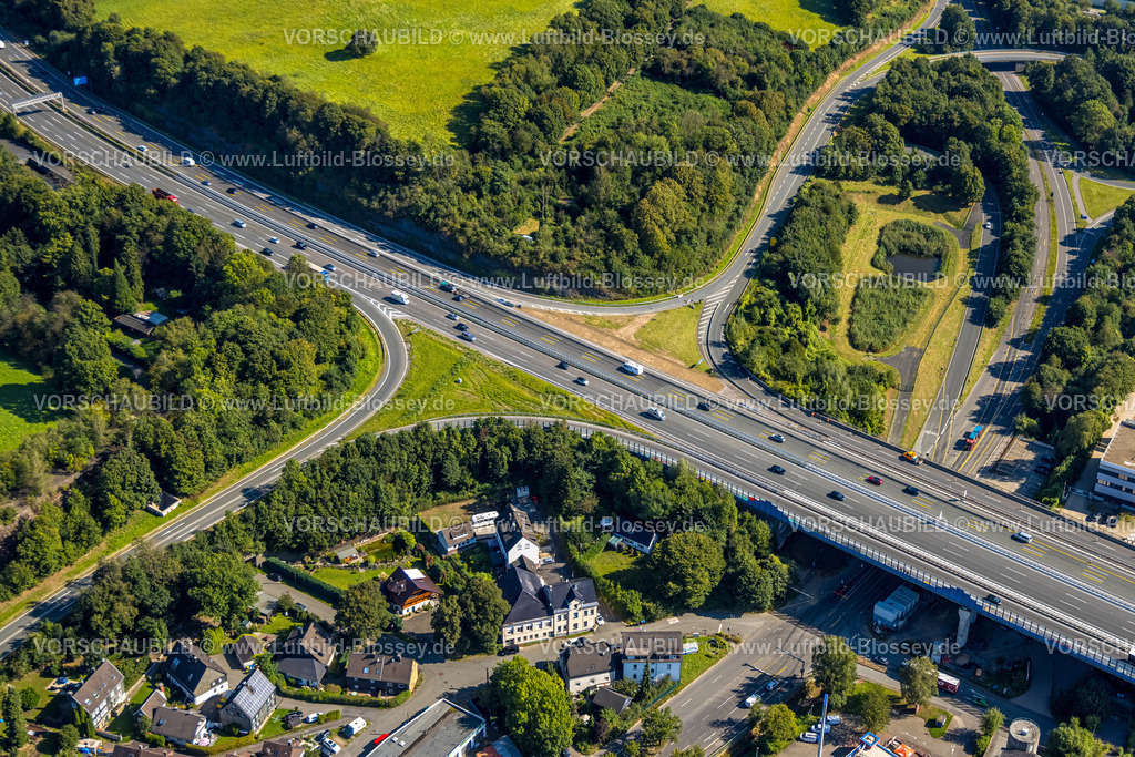 Schwelm240813455 | Luftbild, Autobahn A1 Anschlussstelle Langerfeld, Straßenverkehr, Loh, Schwelm, Ruhrgebiet, Nordrhein-Westfalen, Deutschland