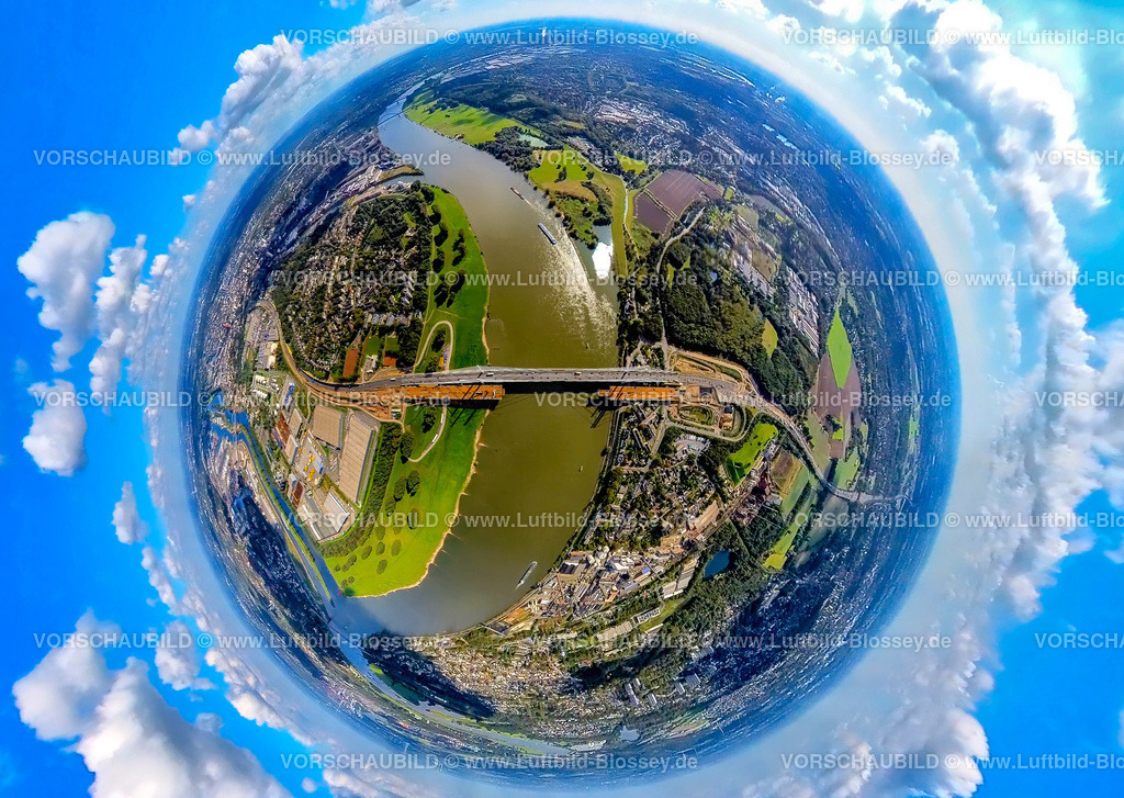 Duisburg241090047RheinA40Bruecke | Luftbild, Autobahn A40 Rheinbrücke Neuenkamp mit Baustelle, Erdkugel, Fisheye Aufnahme, Fischaugen Aufnahme, 360 Grad Aufnahme, tiny world, little planet, fisheye Bild, Alt-Homberg, Duisburg, Ruhrgebiet, Nordrhein-Westfalen, Deutschland
