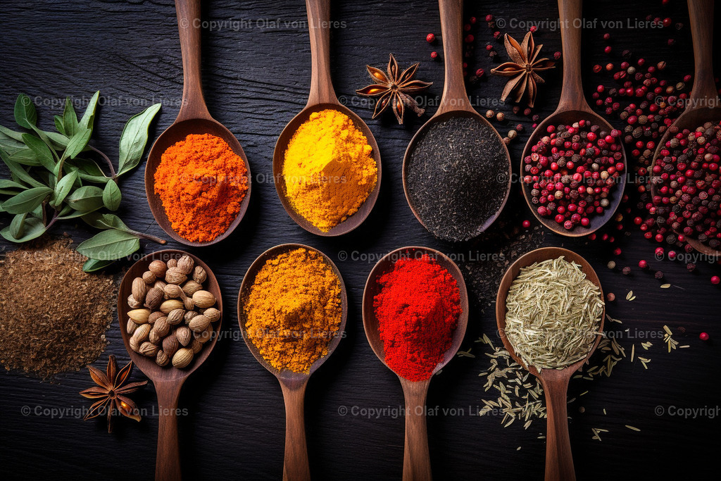 bunte Gewürze in Holzlöffeln | Kochzutaten auf Holztisch