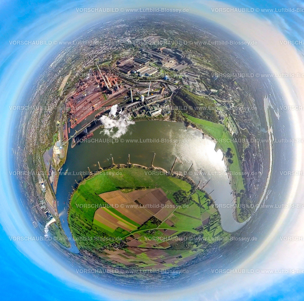 Duisburg20221006_1ThyssenSteel2 | Luftbild, thyssenkrupp Steel Europe Kokerei Schwelgern mit Werkshafen am Fluss Rhein, Fisheye Aufnahme, Fischaugen Aufnahme, 360 Grad Aufnahme, Marxloh, Duisburg, Fisheyeaufnahme, Ruhrgebiet, Nordrhein-Westfalen, Deutschland