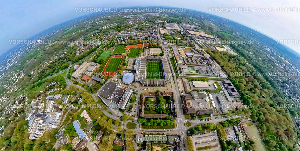 Bochum240490031VfL-CastroperStrasse | Luftbild, Vonovia Ruhrstadion, Bundesligastadion des VFL Bochum 1848, Fußballstadion und Trainingsplätze mit Rundsporthalle an der Castroper Straße, JVA Justizvollzugsanstalt Krümmede Bochum, Erdkugel, Fisheye Aufnahme, Fischaugen Aufnahme, 360 Grad Aufnahme, tiny world, little planet, fisheye Bild, Grumme, Bochum, Ruhrgebiet, Nordrhein-Westfalen, Deutschland