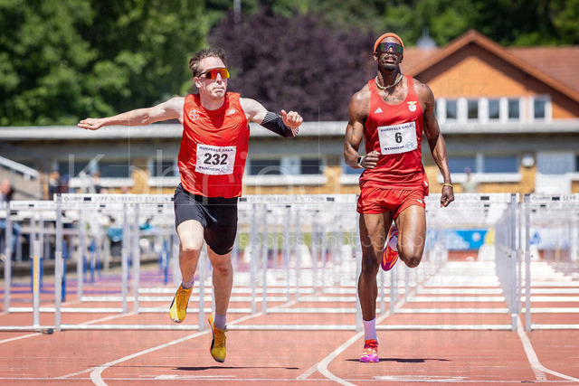 B&amp;S Kurpfalz Gala; Weinheim, 23.05.2026 | WEINHEIM, GERMANY - MAY 24: Stefan Volzer (GER/TSV Bayer o4 Leverkusen) takes the win over 100m hurdles during the B&amp;S Kurpfalz Gala am 23.05.2026 at the  Sepp-Herberger-Stadium in Weinheim (Baden-Wuerttemberg / Germany).