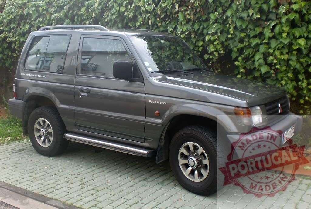 Mitsubishi Pajero SUV parking on paved driveway | Gray three-door Mitsubishi Pajero SUV parked against a green ivy wall - Realisiert mit Pictrs.com