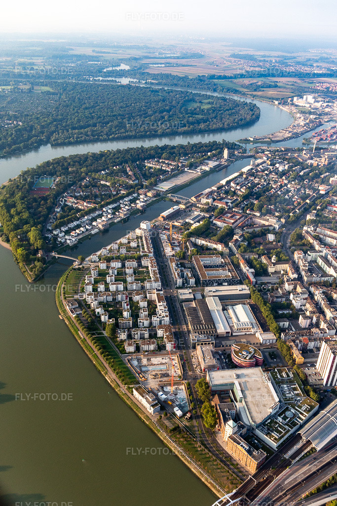 Luftbild: Parkinsel Stadtpark am Rhein gegenüber des Mannheimer Waldparks im Ortsteil Süd in Ludwigshafen im Bundesland Rheinland-Pfalz in Deutschland. Foto: IMG_116897.jpg vom 25.08.2019 durch Werner Riehm/FLY-FOTO.de