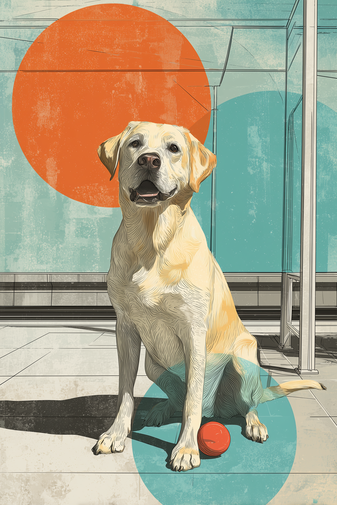 Poster: Urban Labs – Haltestellen-Wächter – Labrador in urbaner Architektur | Reduzierte Stadtszene mit sitzendem Labrador, geometrischen Formen und klaren Linien, warmem Orange und Teal. - Realisiert mit Pictrs.com