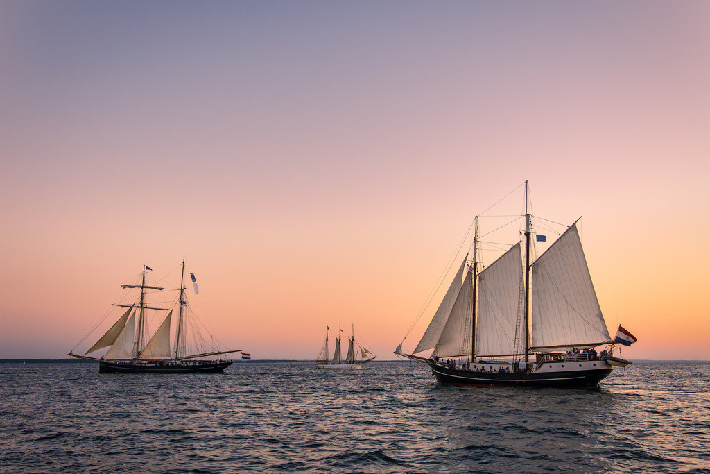 Segelschiffe im Sonnenuntergang auf der Hanse Sail in Rostock | Segelschiffe im Sonnenuntergang auf der Hanse Sail in Rostock.