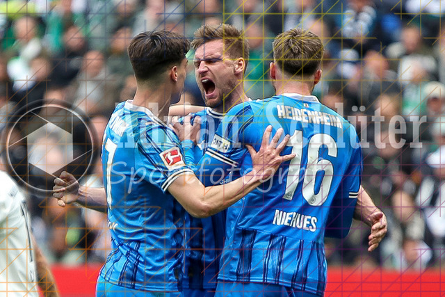 04.04.2026, GER, Fussball, Herren, 1. BL, Saison 2025/2026, Borussia Mönchengladbach - 1. FC Heidenheim | Patrick Mainka (Heidenheim) Torjubel, jubelt nach seinem Treffer zum 1:1 