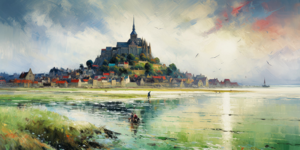 2307173 - Mont-Saint-Michel | Blick auf den Mont-Saint-Michel - ein wunderschönes impressionistisches Bild, das wie ein Gemälde anmutet. Bestellen Sie dieses Motiv auf Leinwand, Acrylglas, Alu-Dibond oder als Poster.