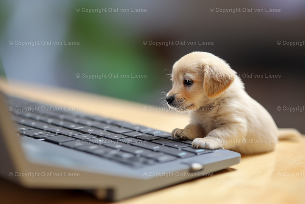 kleiner Retriever im Büro | Retriever tippt auf Tastatur