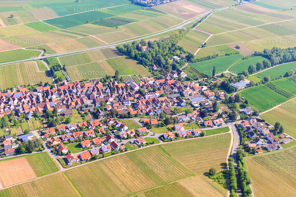 Luftbild: Dorfansicht aus Südosten im Ortsteil Wollmesheim in Landau im Bundesland Rheinland-Pfalz in Deutschland. Foto: IMG_27239.jpg vom 23.05.2010 durch Werner Riehm/FLY-FOTO.de