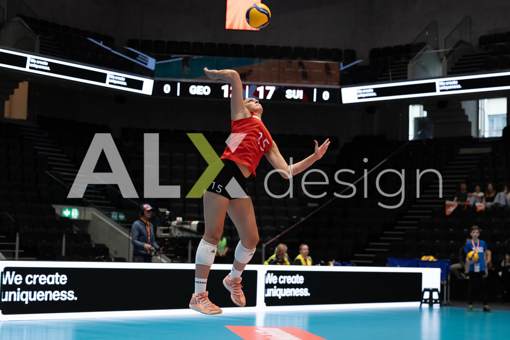 Georgia v Switzerland - CEV European League Women | KRIENS, SWITZERLAND - JUNE 12: MARIAM MUSHKUDIANI of Georgia serve during the CEV European League match between Georgia and Switzerland at Pilatus Arena on June 12, 2026 in Kriens, Switzerland. - Realisiert mit Pictrs.com